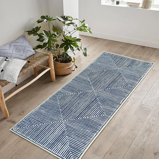 Bloom Rugs Washable Non-Slip 12 ft Runner - Blue Striped Runner for Entryway, Hallway, Bathroom, and Kitchen - Exact Size: 2.5' x 12'