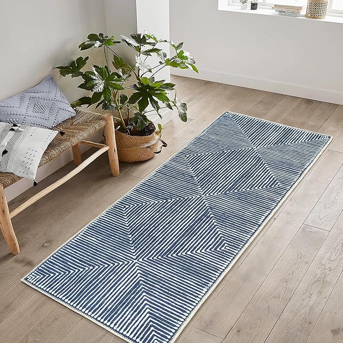 Bloom Rugs Washable Non-Slip 10 ft Runner - Blue Striped Runner for Entryway, Hallway, Bathroom, and Kitchen - Exact Size: 2.5' x 10'