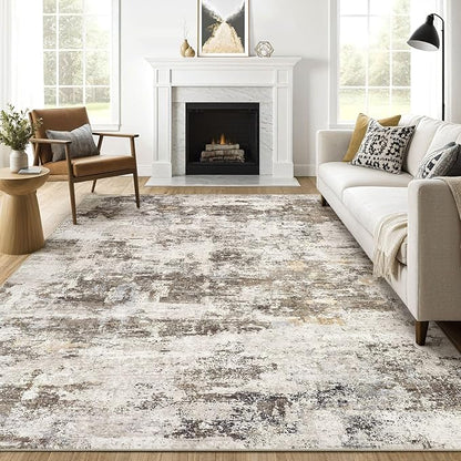 7x9 Area Rug Living Room: Washable Large Abstract Neutral Modern Soft Rugs Stain Resistant Indoor Floor Non-Slip Accent Carpet for Bedroom Nursery Playroom Dining Room Office Dorm Home- Brown Yellow