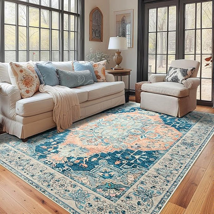 YJ.GWL Area Rugs for Living Room 5x7 Machine Washable Rugs, Non Slip Floral Vintage Rug Indoor Carpet, Stain Resistant Large Rug for Bedroom Dining Room, Dark Blue