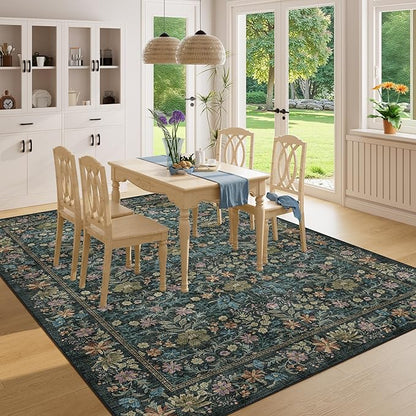 DUKINO 6x9 Rugs for Living Room, Vintage Washable Rug with Non Slip Backing, Floral Low Pile & Non-Shedding Large Area Carpets for Bedroom, Dining Room, Farmhouse, Home Office, Blue