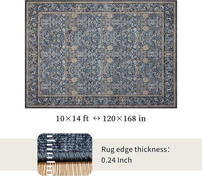 Washable Living Room Rug: 10x14 Boho Floral Soft Area Rug for Bedroom Decor - Vintage Low Pile Thin Carpet for Dining Room Non-Slip - Farmhouse Stain Resistant Rugs - Slate Blue