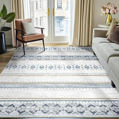 BESTSWEETIE 6x9 Area Rugs for Living Room Washable Moroccan Farmhouse Neutral Geometric Low Pile Non-Slip Soft Print Pattern Rug for Bedroom Kitchen Dining Room Entryway Blue/Brown