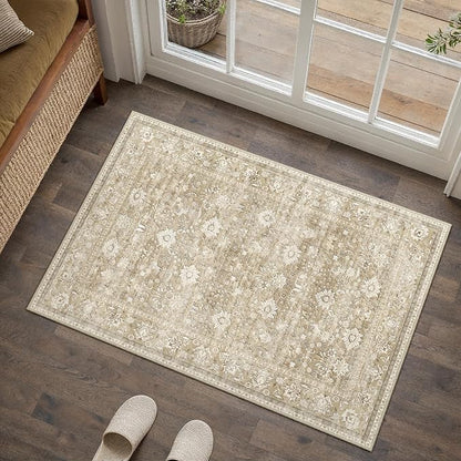 HUGEAR 2x3 Small Rug Machine Washable Area Rug Beige Entryway Rugs Entrance Door Mat Indoor Accent Rugs Floral Low Pile Carpet Distressed Throw Rug Kitchen Bedroom Office Non Slip