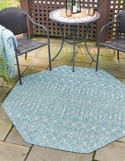 Unique Loom Outdoor Trellis Collection Area Rug - Tribal Trellis (5' 3" Octagon, Aqua/ Ivory)