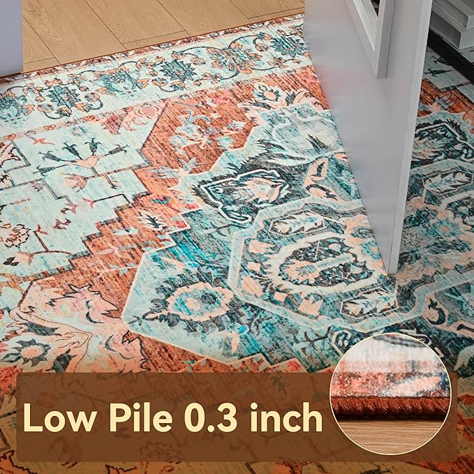YJ.GWL Area Rugs for Living Room 5x7 Machine Washable Rugs, Non Slip Floral Vintage Rug Indoor Carpet, Stain Resistant Large Rug for Bedroom Dining Room, Copper Tan