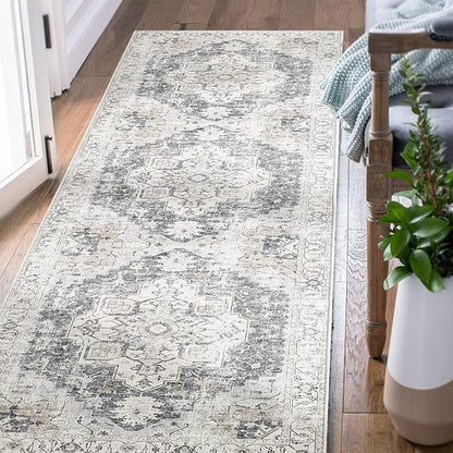jinchan Kelda Area Rug 2x7 Runner Rug for Hallway Indoor Vintage Distressed Carpet Grey Multi Printed Floorcover Gray Chenille Accent Rug Non Slip for Kitchen Living Room Bedroom Dining Room