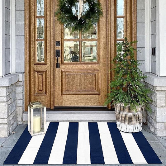 KOZYFLY Striped Outdoor Rug 27.5x43 Inches Front Door Rug Navy and White Woven Cotton Washable Outdoor Doormats Outdoor Entrance Mat for Front Door Entryway Patio Front Porch