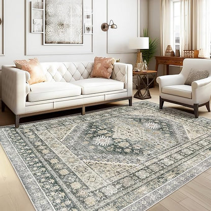 zesthome 8x10 Area Rugs for Living Room,Non-Slip Backing Washable Rugs,Vintage Large Area Rug，Stain Resistant Home Decor Rug (Wheat/Charcoal,8'x10')