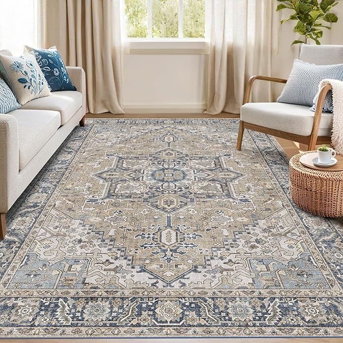 Kokia 6x9 Washable Area Rugs Blue with Vintage Orient Design, Soft Rug for Living Room or Bedroom, Non-Slip Low Pile Stain Resistance Features, Distressed Medallion Pattern