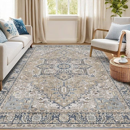 Kokia 6x9 Washable Area Rugs Blue with Vintage Orient Design, Soft Rug for Living Room or Bedroom, Non-Slip Low Pile Stain Resistance Features, Distressed Medallion Pattern
