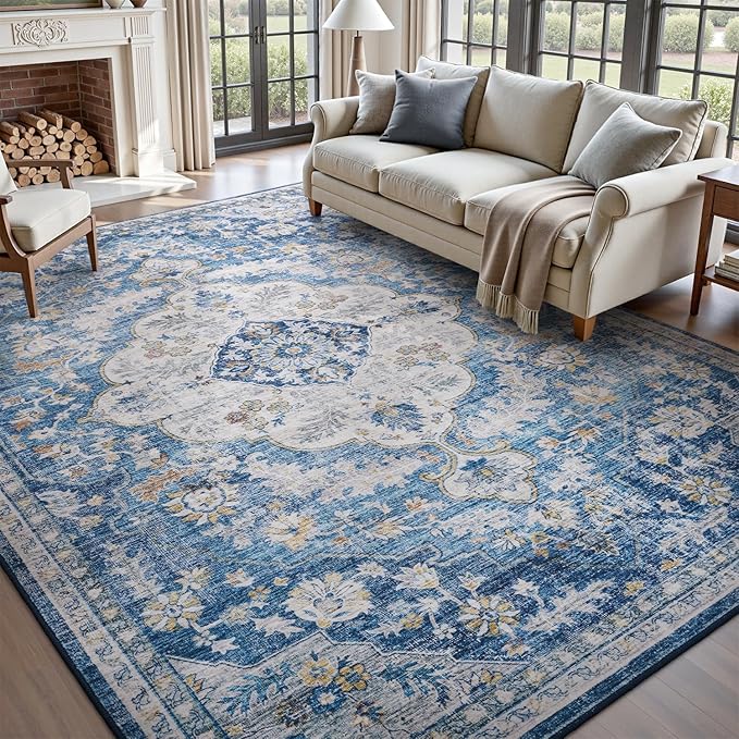 tchdio 8x10 Area Rugs for Living Room, Vintage Non Slip Washable Rug, Soft Low Pile Area Rug Large Floor Indoor Carpet for Bedroom, Dining Room, Office (Blue, 8'x10')