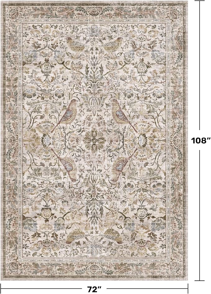 Moss Washable Dining Room Rug, 6x9 Floral Area Rug for Living Room, Boho Farmhouse Décor Low Pile Soft Bedroom Carpet, Brown Taupe Home Décor, Non Slip & Stain Resistant