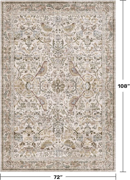 Moss Washable Dining Room Rug, 6x9 Floral Area Rug for Living Room, Boho Farmhouse Décor Low Pile Soft Bedroom Carpet, Brown Taupe Home Décor, Non Slip & Stain Resistant