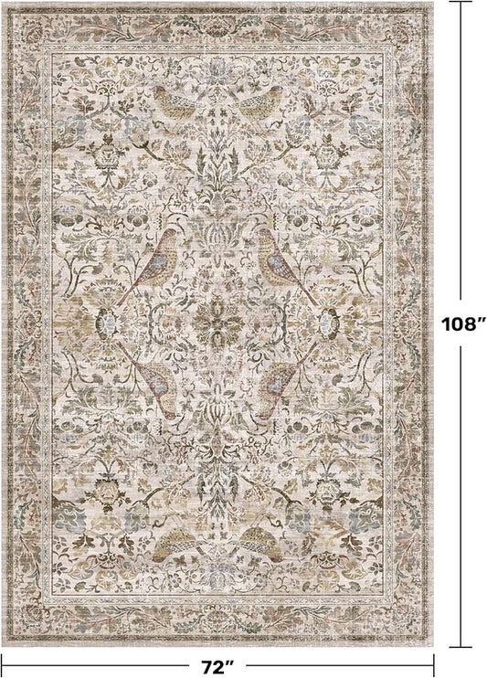 Moss Washable Dining Room Rug, 6x9 Floral Area Rug for Living Room, Boho Farmhouse Décor Low Pile Soft Bedroom Carpet, Brown Taupe Home Décor, Non Slip & Stain Resistant