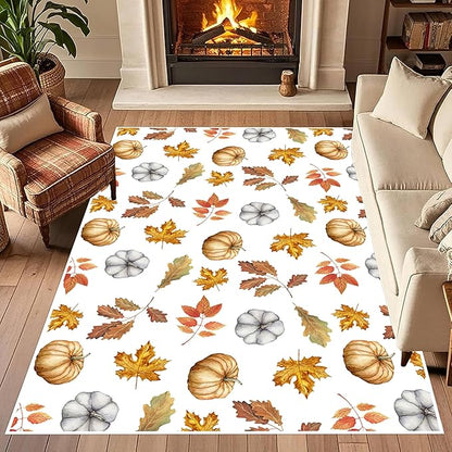 Pumpkin Area Rug, 4x5ft, Fun Vibrant Autumn Harvest Fallen Leaves Pumpkin Plant White Fall Porch Rug, Sturdy Non Slip Easy-Washing Fall Decorations for Home Bedroom