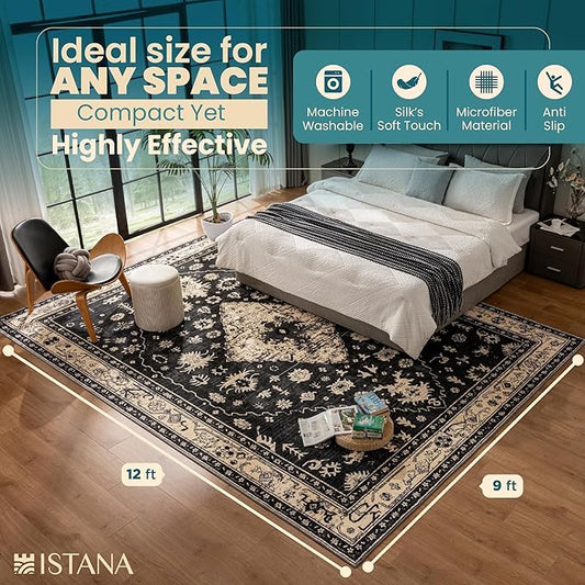 Istana 9x12 Area Rug - Black 9 x 12 Area Rugs for Living Room - Foldable 9x12 Rugs for Bedroom - Stain Resistant Washable Rug - Eco-Friendly Area Rugs Living Room