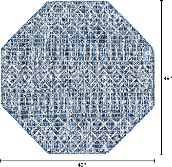 Unique Loom Outdoor Trellis Collection Area Rug - Tribal Trellis (4' 1" Octagon, Blue/ Ivory)