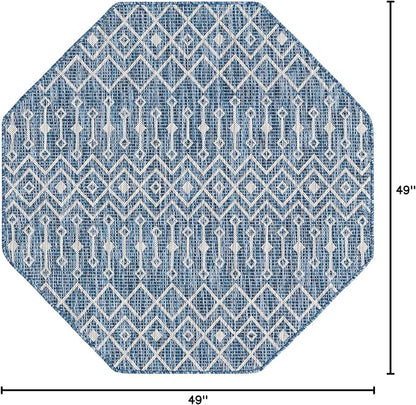 Unique Loom Outdoor Trellis Collection Area Rug - Tribal Trellis (4' 1" Octagon, Blue/ Ivory)