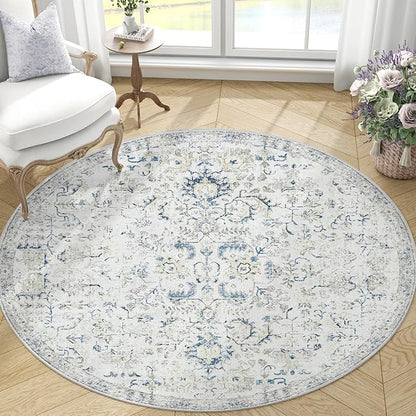 jinchan Kalen Round Rug 4ft Area Rug Entryway Washable Vintage Indoor Retro Floor Cover Distressed Floral 4' Round Circle Boho Non Slip Thin Carpet for Kitchen Bedroom Living Room Dining Room Blue