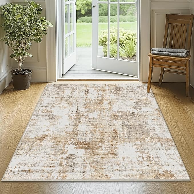 FMFUNCTEX 3x5 Washable Area Rug Abstract Modern Neutral Brown Grey Non Slip Soft Low Pile Thin Accent Entryway Entrance Indoor Carpet for Living Room Bedroom Dining Office Nursery Bedside, Grey Gold