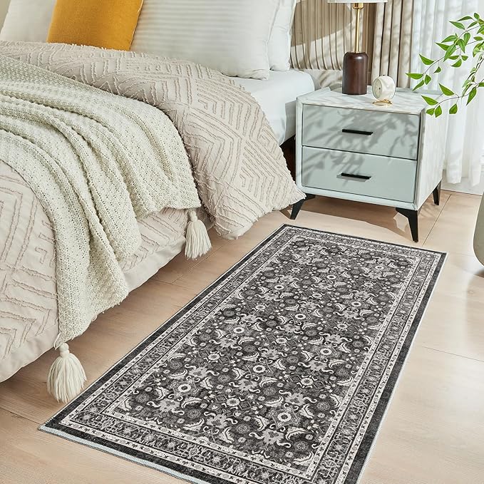 WITSHOCK Washable 2x4 Entryway Area Rug: Soft Non-Slip Backing Washable Rugs Vintage Flower Boho Accent Small Rugs for Bedroom, Kitchen, Bathroom, Nursery Entrance,Black