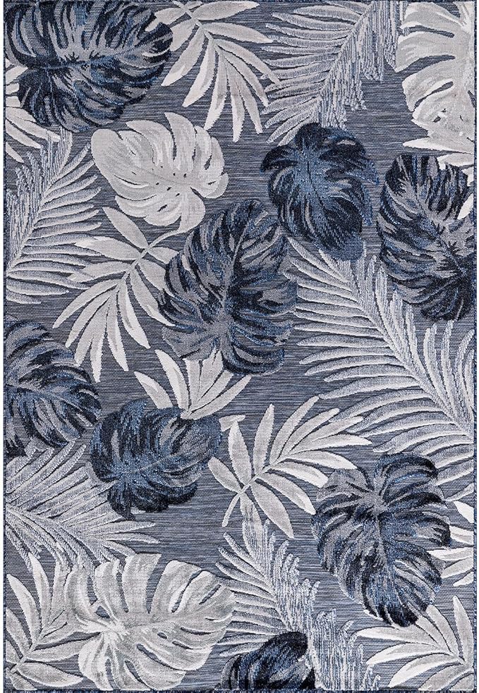 CAMILSON Indoor Outdoor Rug Navy Blue 5x7 Leaf Tropical Botanical Area Rugs for Indoor and Outdoor patios, Easy-Cleaning Non-Shedding Living Room Garden and Kitchen Washable Outside Carpet (5 x 7)