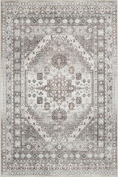 zesthome 7x9 Area Rug, Super Soft Washable Rugs for Living Room, Non-Slip Stain Resistant Vintage Rugs, Ultra-Thin Large Area Rugs (Brown/Beige,7'x9')