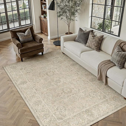 HUGEAR 5x7 Machine Washable Area Rugs Vintage Beige - Neutral Living Room Bedroom Rug Non Slip Stain Resistant Low Pile Aesthetic Throw Carpet Kids & Pet Friendly