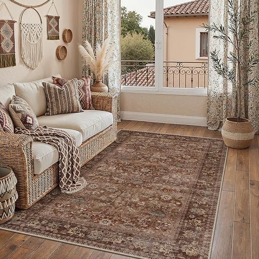 HUGEAR 3x5 Machine Washable Rugs Brick Red Hallway Area Rug Indoor Accent Rug Floral Low Pile Carpet Soft Throw Rug Bedroom Living Room Office Dining Room Kitchen Laundry Room Non Slip