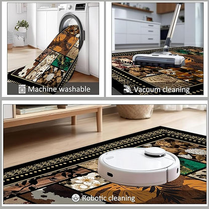 Floral Tropical Patchwork Area Rug 8x10ft, Vintage Black & Brown Country Carpet, Low Pile Non-Slip Mat for Cozy Bedroom, Dining Room, Farmhouse Decor
