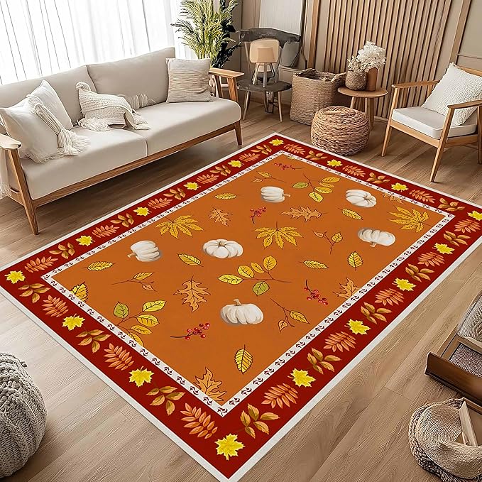 Fallen Leaves Carpet for Kitchen, 5x8ft, Autumn Pumpkins with Leave Orange Area Rug, Indoor Ultra-Thin Foldable Machine Washable Fun Pumpkin Bath Mat for Home Office Relax Room