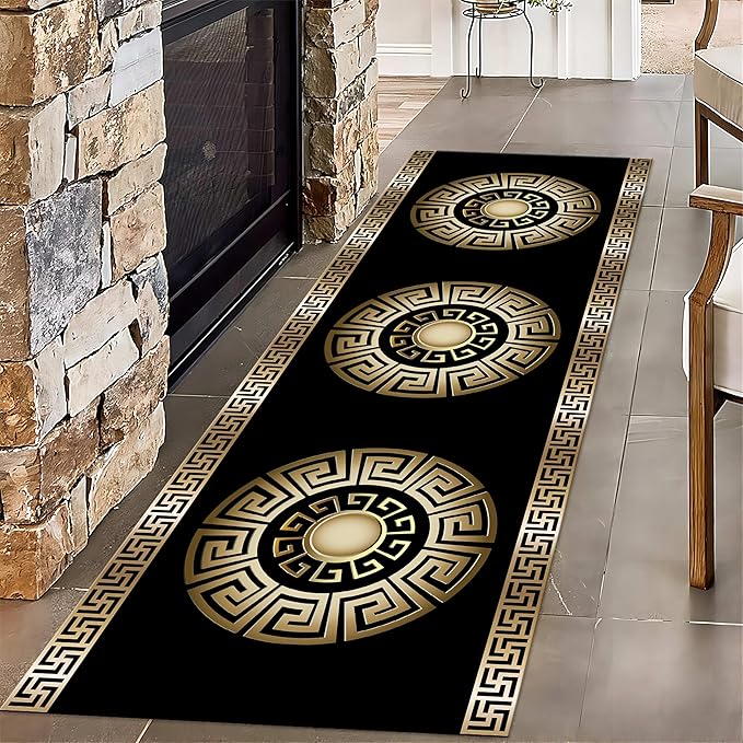 Black Gold Geometric Hallway Runner Rug, 2x8ft, Vintage Greek Key Entryway Carpet, Baroque Style Pattern Machine Washable Carpets, Durable Non-Shedding Non-Slip Rugs for Dorm Nursery