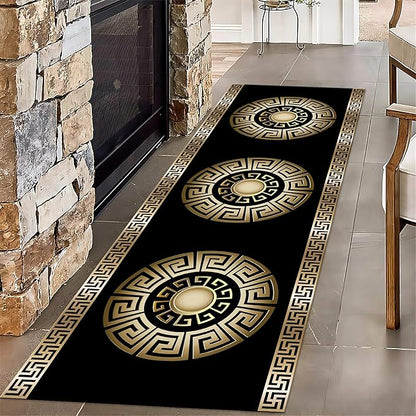 Black Gold Geometric Hallway Runner Rug, 2x8ft, Vintage Greek Key Entryway Carpet, Baroque Style Pattern Machine Washable Carpets, Durable Non-Shedding Non-Slip Rugs for Dorm Nursery