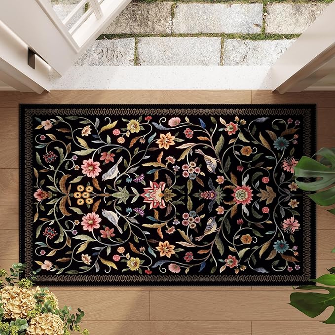 Vintage Medallion Floral Indoor Door Mat 2x3, Machine Washable Entryway Rug, Low Pile Soft Small Carpet, Non-Slip Area Rug for Entrance, Bedroom, Kitchen & Kids Room | Black