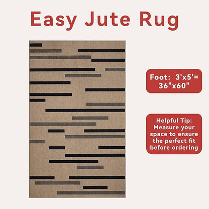 Tangsoo Stripe Easy Jute Rug,Ultra Thin 3x5 Washable Area Rug for Bedroom,Non-Slip Black Indoor Outdoor Rug Modern Low Pile Carpet Farmhouse Non Shedding Mat for Patio Backyard Entryway