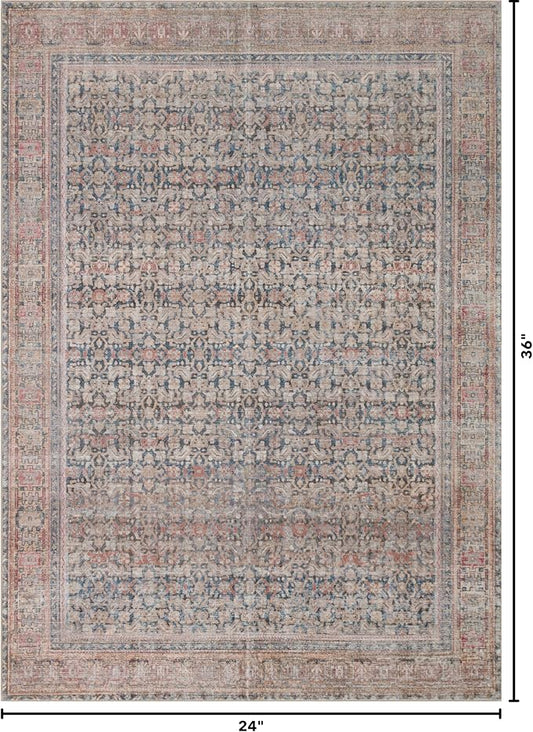 Kuden Area Rug, Machine Washable, Non-Slip Backing, Vintage Style, Soft, Low Pile, Perfect for Living Room, Bedroom, Kitchen, Dining Room - [2x3, Blue/Red]