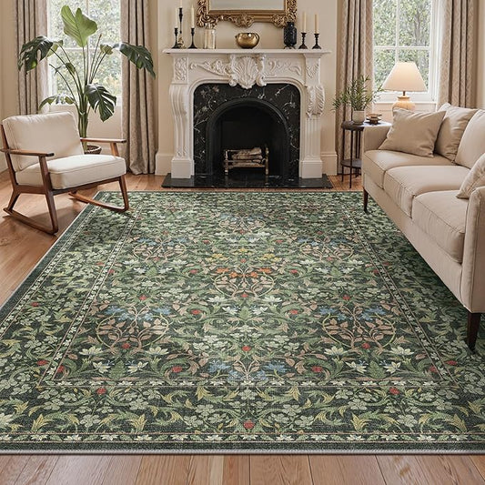 Bavni 8x10 Area Rugs for Living Room, Floral Rug Machine Washable Non Slip, Vintage Boho Forest Carpet, Soft Low Pile Thin Lightweight Rugs for Bedroom, Farmhouse, Dining Room Office, Emerald Green