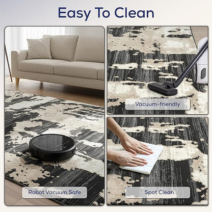 Abani Terra Cream Area Rug for Living Room, Bedroom - Black Abstract Pattern - 2' x 6' - Durable & Easy to Clean
