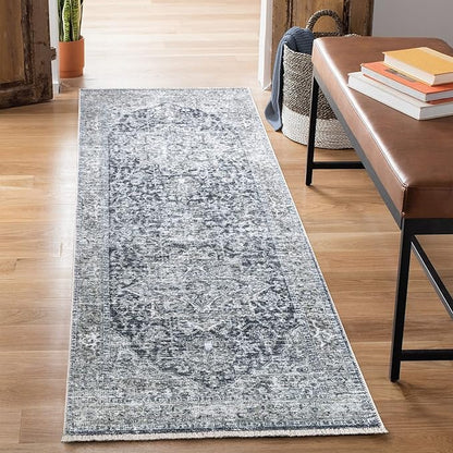 Bloom Rugs Caria Washable Non-Slip 12 ft Runner - Gray/Dark Blue Traditional Runner for Entryway, Hallway, Bathroom, and Kitchen - Exact Size: 2'6" x 12'