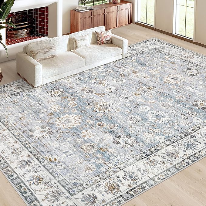 Area Rug 9x12 Living Room Rug, Machine Washable Vintage Distressed Boho Area Rug Non-Slip Soft Low Pile Large Indoor Rugs for Bedroom Kitchen Dining Room Office(Light Blue,9'x12')