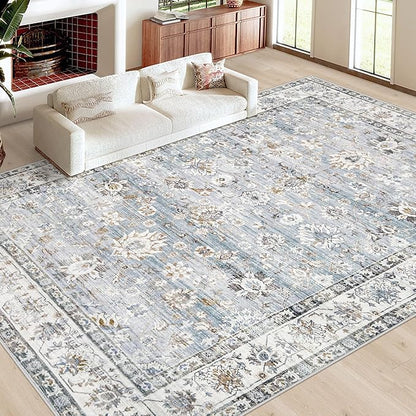 Area Rug 10x14 Living Room Rugs, Machine Washable Vintage Distressed Boho Area Rug Non-Slip Soft Low Pile Large Indoor Rugs for Bedroom Kitchen Dining Room Office(Light Blue,10'x14')