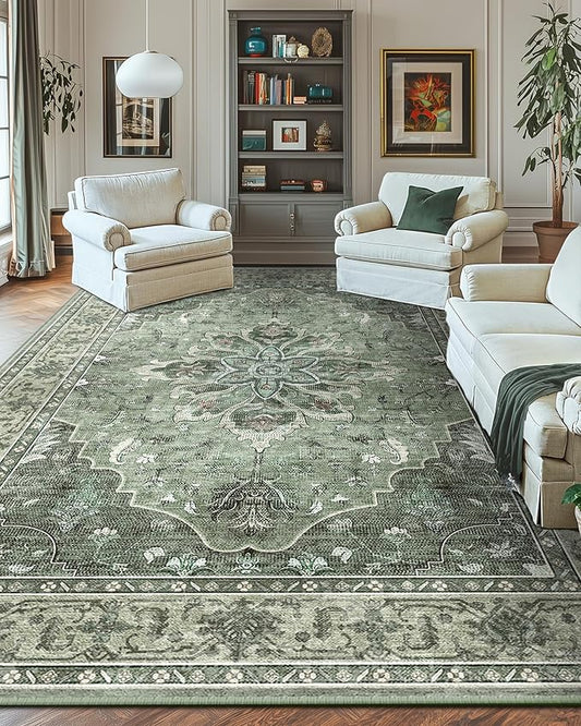 Area Rugs 10'x14' Washable Non-Slip, Floral Vintage Distress Print Pattern Medallion Carpet for Living Room Bedroom Dining Room, Dark Green Gray