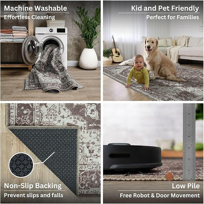 Bloom Rugs Washable Non-Slip 10 ft Runner - Dark Brown Traditional Medallion Runner for Entryway, Hallway, Bathroom, and Kitchen - Exact Size: 2.5' x 10'