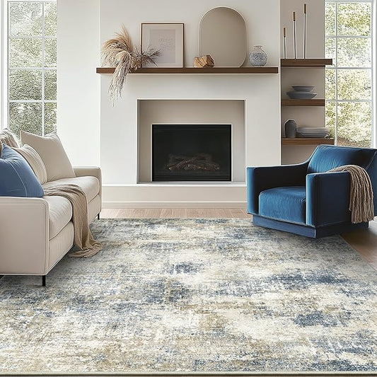 Bavni 6x9 Area Rugs Machine Washable Rug for Living Room, Modern Printed Rug Indoor Soft Area Rug for Bedroom Dining Room, Ultra-Thin Low Pile Carpet with Non Slip Rubber Backing, Gray Beige Blue