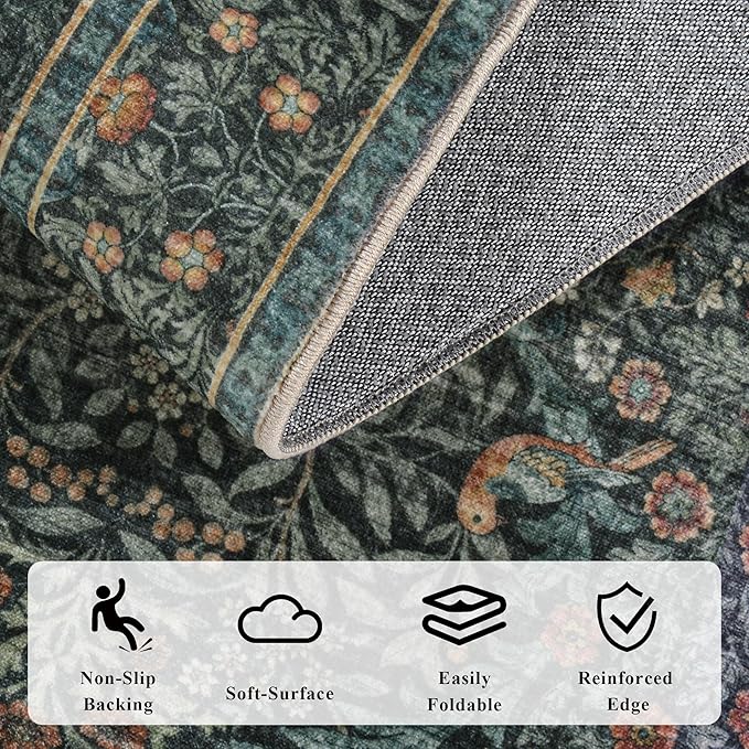 3x5 Floral Washable Area Rug for Living Room, Vintage Boho Rug for Bedroom Dining Room， Distressed Botanical Birds Non Slip Low Pile Forest Animal Throw Carpet for Farmhouse Office, Dark Green