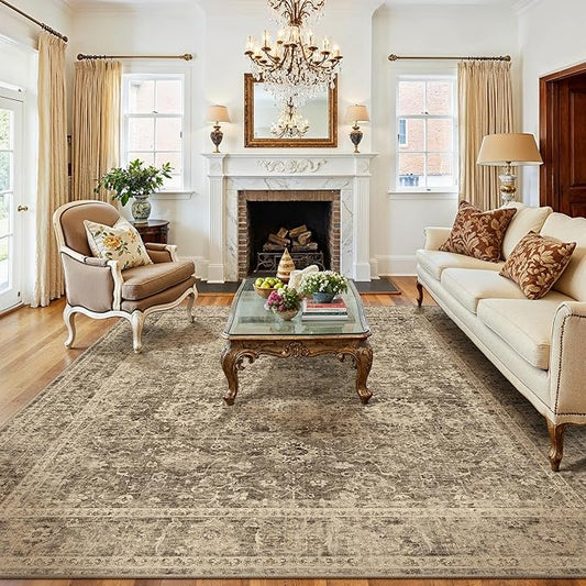 10x12 Brown Vintage Area Rug for Living Room Bedroom Large Distressed Rustic Carpet Non-Slip Low Pile Lightweight Vacuumable Soft Washable Throw Rug for Indoor Dining Room