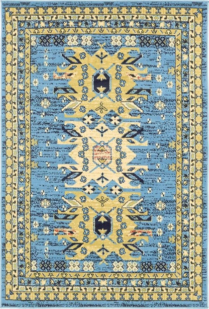 Unique Loom Taftan Collection Border Geometric Tribal Inspired Design Area Rug (4' 0 x 6' 0 Rectangular, Light Blue/ Gold)