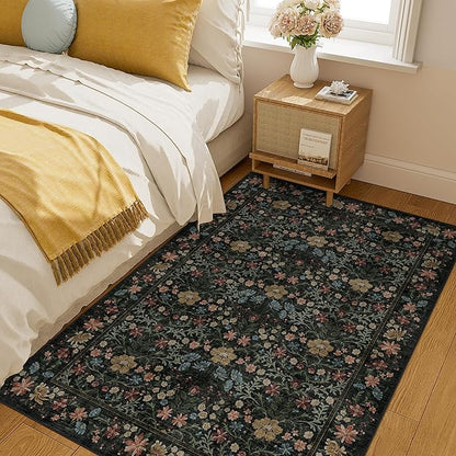 DUKINO 4x6 Rugs for Living Room, Lightweight Non Slip Washable Rug with Low Pile Design, Vintage Floral Non-Shedding Soft Carpet for Living Room, Bedroom, Farmhouse, Office, Bathroom, Black