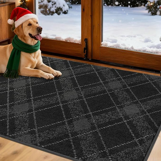 COSY HOMEER Plaid Door Mat 32" x 48",Dirt Trapper Entryway Rugs,Non-Slip Washable Farmhouse Doormat,Low Profile Welcome Mats for Paws Dark Grey